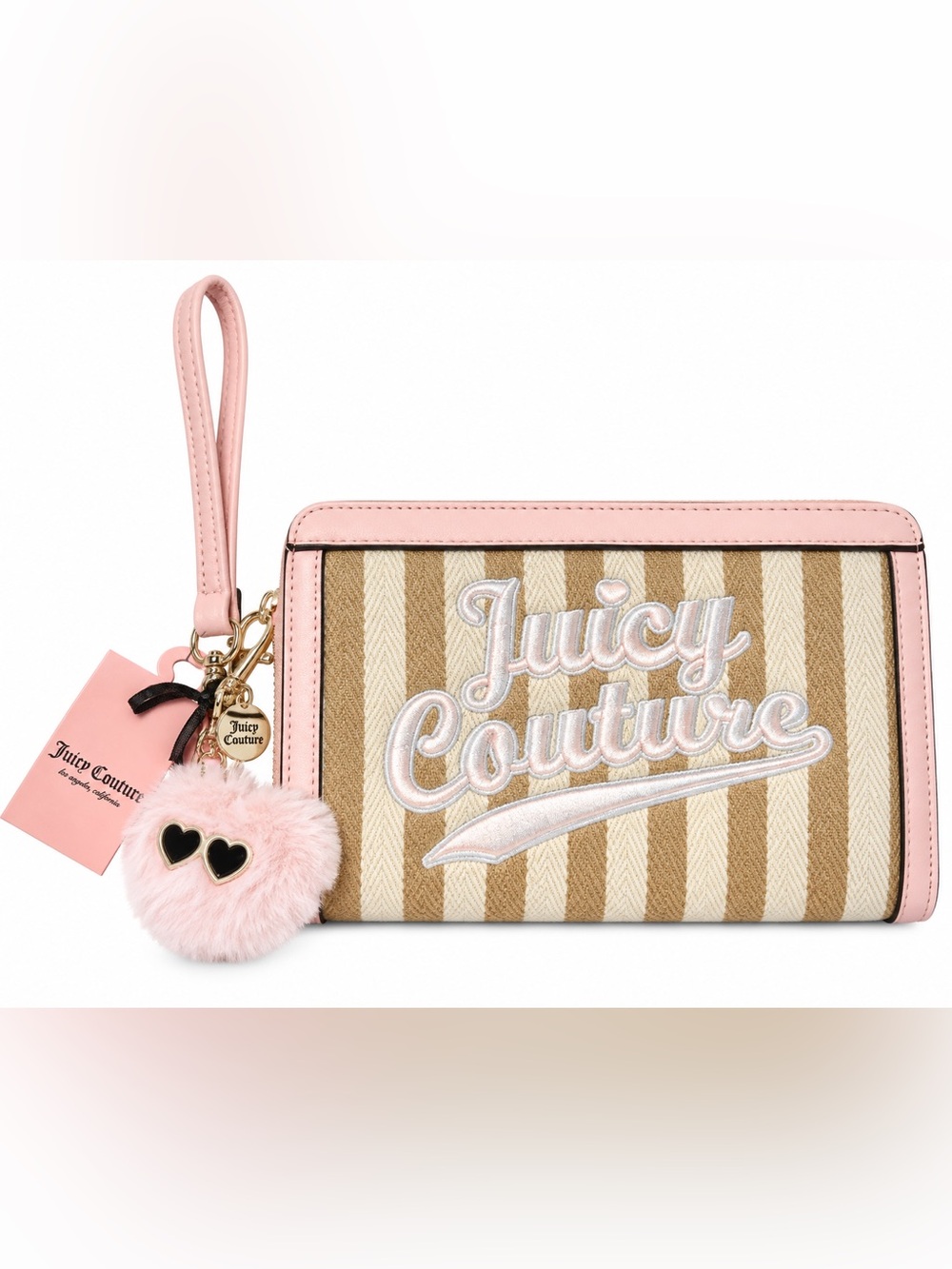 Juicy Couture Pink-Trim Striped Wristlet with Fur Charm